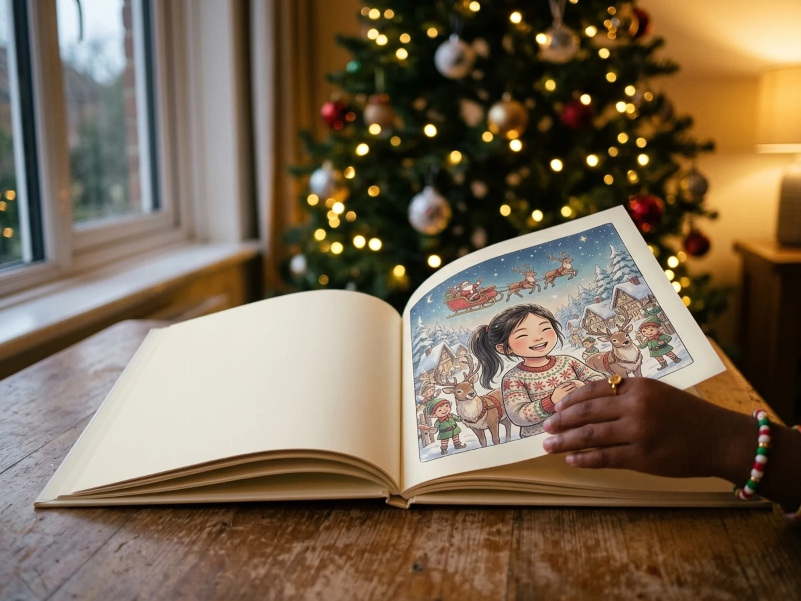 A personalized Christmas book open by the tree